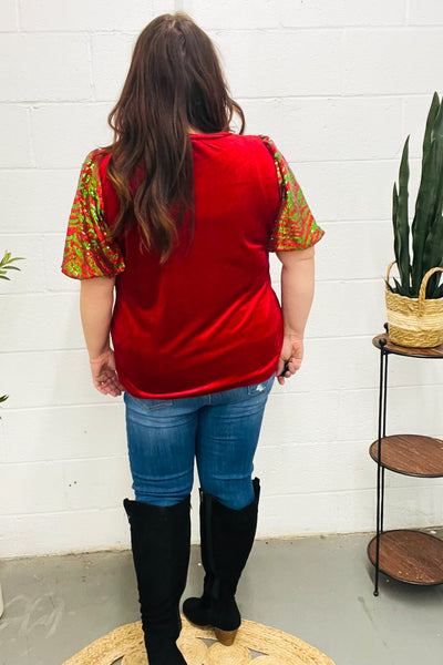Warmest Wishes Red & Green Sequin Puff Sleeve Velvet Top - Online Only!