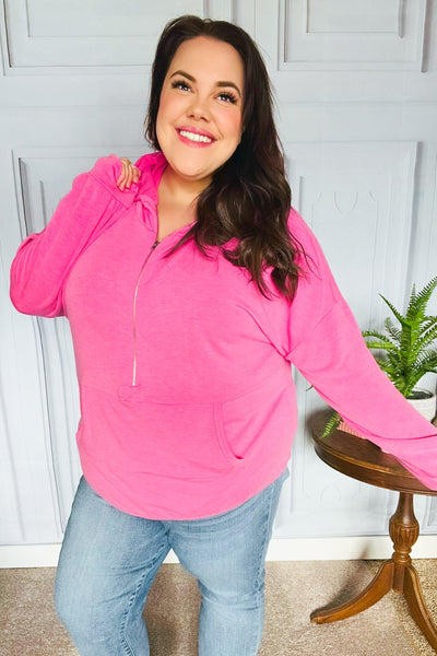 Ready to Relax Hot Pink Half Zip French Terry Hoodie - Online Only!