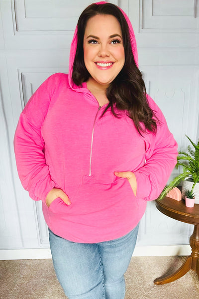 Ready to Relax Hot Pink Half Zip French Terry Hoodie - Online Only!