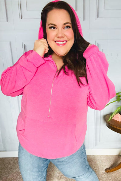 Ready to Relax Hot Pink Half Zip French Terry Hoodie - Online Only!