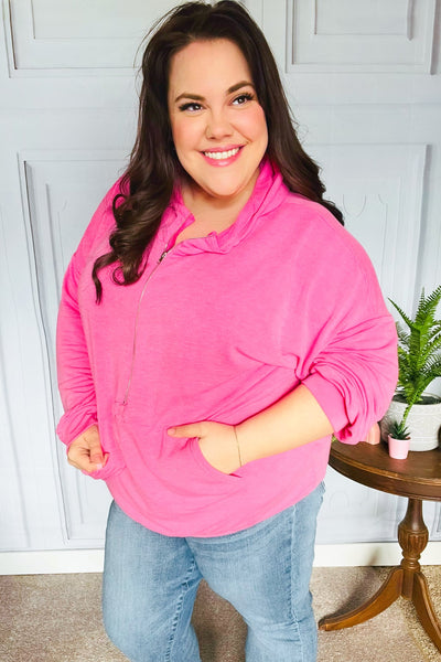 Ready to Relax Hot Pink Half Zip French Terry Hoodie - Online Only!