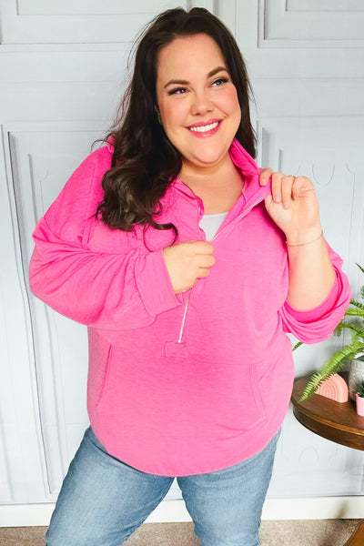 Ready to Relax Hot Pink Half Zip French Terry Hoodie - Online Only!