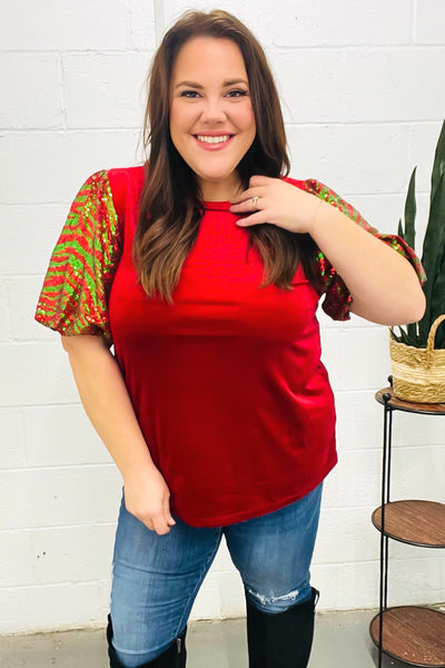 Warmest Wishes Red & Green Sequin Puff Sleeve Velvet Top - Online Only!