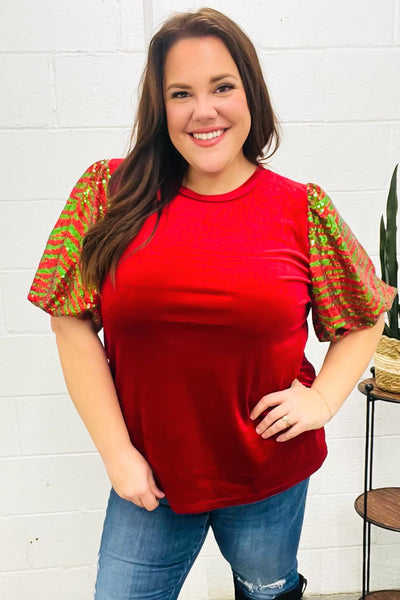 Warmest Wishes Red & Green Sequin Puff Sleeve Velvet Top - Online Only!