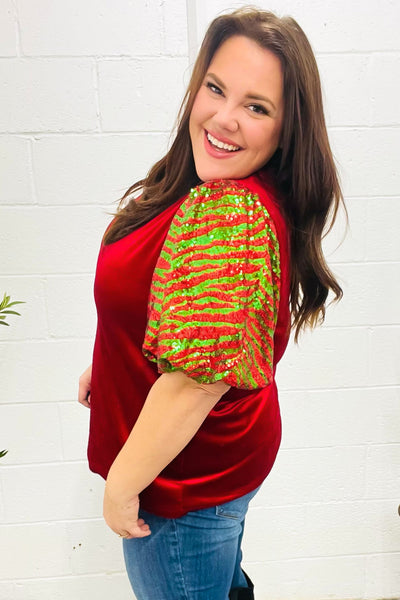 Warmest Wishes Red & Green Sequin Puff Sleeve Velvet Top - Online Only!