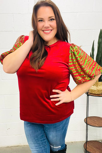 Warmest Wishes Red & Green Sequin Puff Sleeve Velvet Top - Online Only!