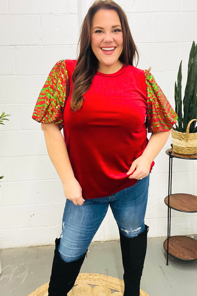 Warmest Wishes Red & Green Sequin Puff Sleeve Velvet Top - Online Only!