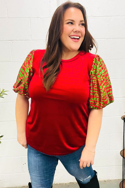 Warmest Wishes Red & Green Sequin Puff Sleeve Velvet Top - Online Only!