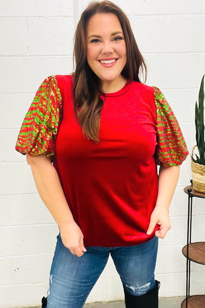 Warmest Wishes Red & Green Sequin Puff Sleeve Velvet Top - Online Only!