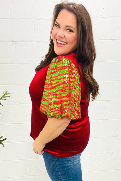 Warmest Wishes Red & Green Sequin Puff Sleeve Velvet Top - Online Only!