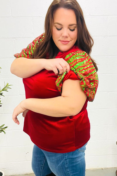 Warmest Wishes Red & Green Sequin Puff Sleeve Velvet Top - Online Only!