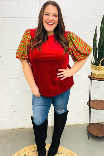 Warmest Wishes Red & Green Sequin Puff Sleeve Velvet Top - Online Only!