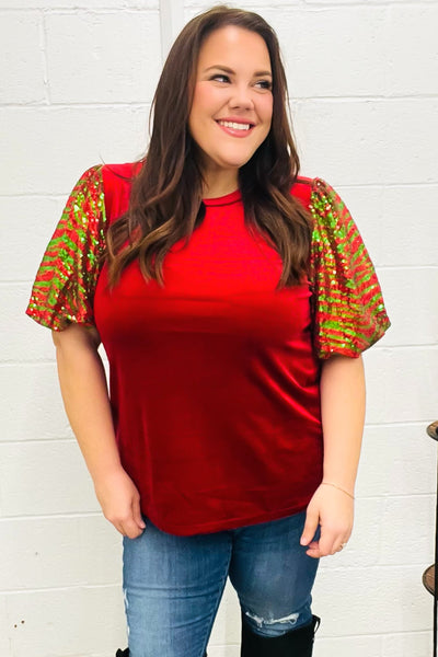 Warmest Wishes Red & Green Sequin Puff Sleeve Velvet Top - Online Only!