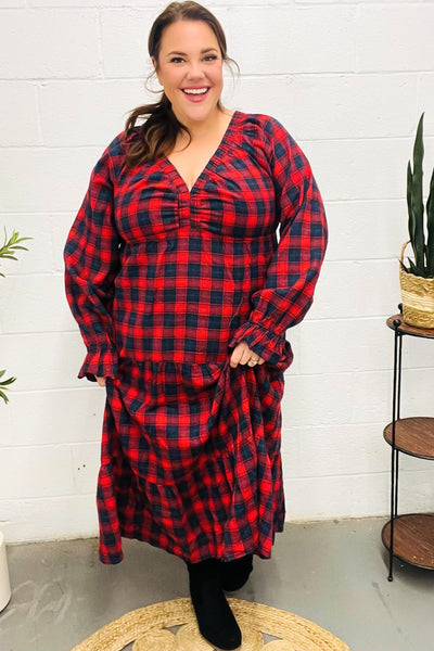 Red Plaid Elastic V Neck Tiered Maxi Dress - Online Only!