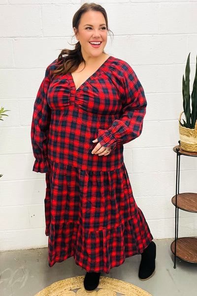 Red Plaid Elastic V Neck Tiered Maxi Dress - Online Only!