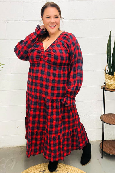 Red Plaid Elastic V Neck Tiered Maxi Dress - Online Only!