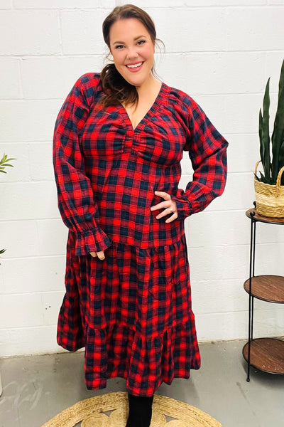 Red Plaid Elastic V Neck Tiered Maxi Dress - Online Only!