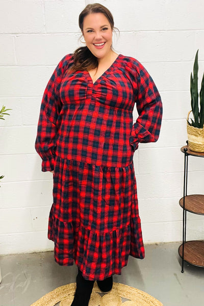Red Plaid Elastic V Neck Tiered Maxi Dress - Online Only!