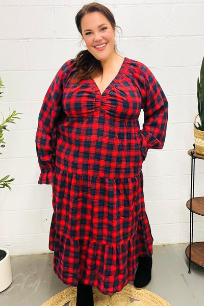 Red Plaid Elastic V Neck Tiered Maxi Dress - Online Only!