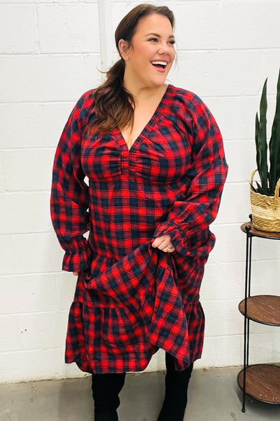 Red Plaid Elastic V Neck Tiered Maxi Dress - Online Only!
