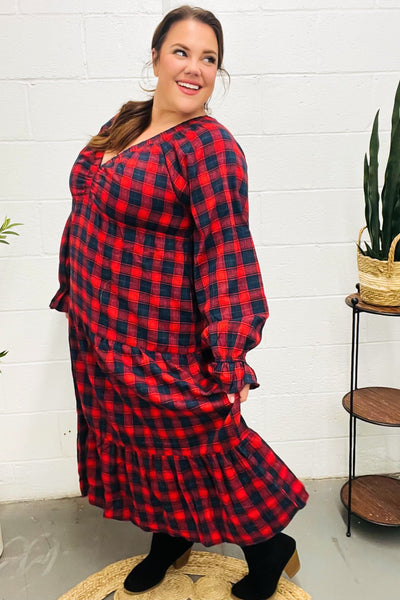 Red Plaid Elastic V Neck Tiered Maxi Dress - Online Only!