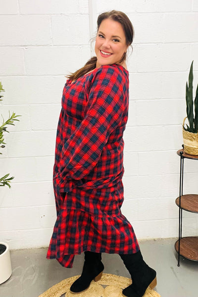 Red Plaid Elastic V Neck Tiered Maxi Dress - Online Only!