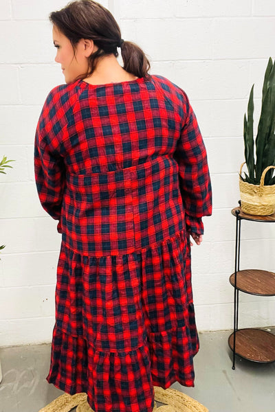 Red Plaid Elastic V Neck Tiered Maxi Dress - Online Only!