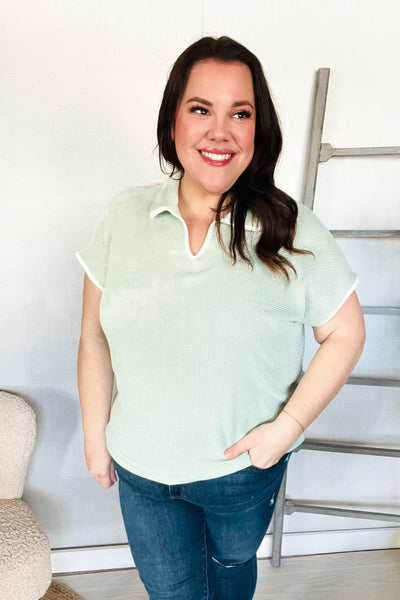 Weekend Ready Sage Collar Notch Neck Waffle Knit Top - Online Only!