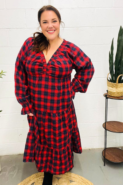 Red Plaid Elastic V Neck Tiered Maxi Dress - Online Only!