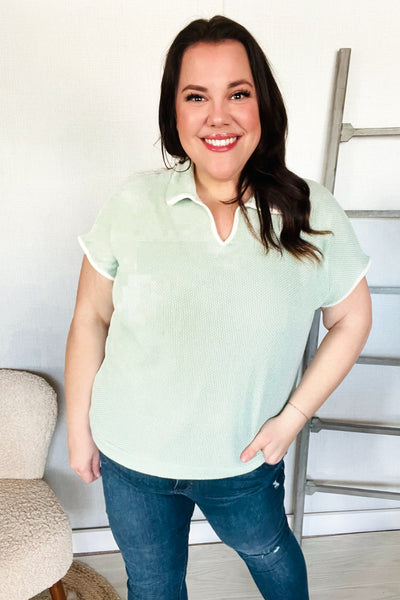 Weekend Ready Sage Collar Notch Neck Waffle Knit Top - Online Only!