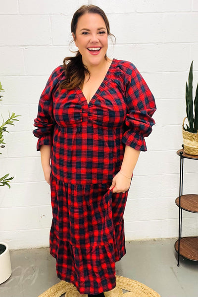 Red Plaid Elastic V Neck Tiered Maxi Dress - Online Only!