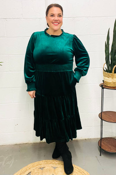 Holiday Dreaming Hunter Green Velvet Mock Neck Smocked Waist Dress - Online Only!