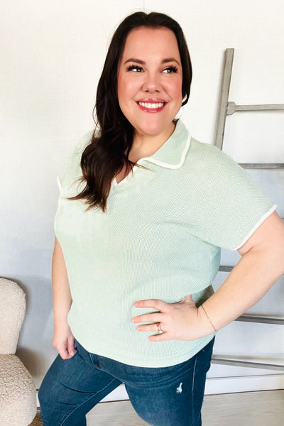 Weekend Ready Sage Collar Notch Neck Waffle Knit Top - Online Only!