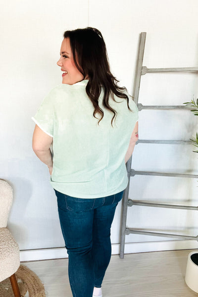 Weekend Ready Sage Collar Notch Neck Waffle Knit Top - Online Only!