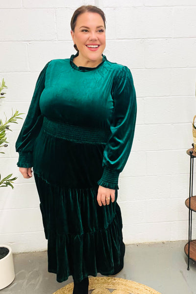 Holiday Dreaming Hunter Green Velvet Mock Neck Smocked Waist Dress - Online Only!