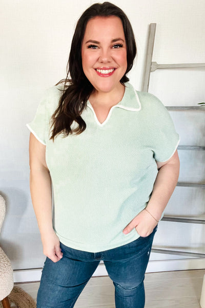 Weekend Ready Sage Collar Notch Neck Waffle Knit Top - Online Only!