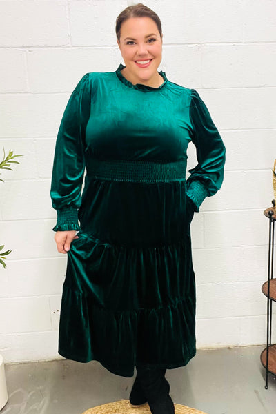 Holiday Dreaming Hunter Green Velvet Mock Neck Smocked Waist Dress - Online Only!