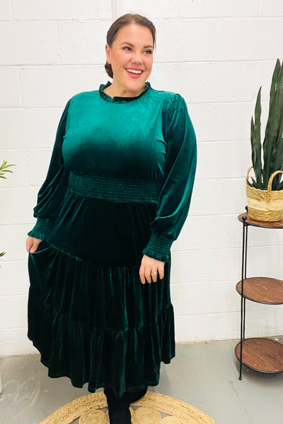 Holiday Dreaming Hunter Green Velvet Mock Neck Smocked Waist Dress - Online Only!
