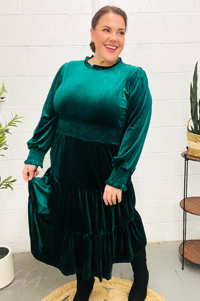 Holiday Dreaming Hunter Green Velvet Mock Neck Smocked Waist Dress - Online Only!