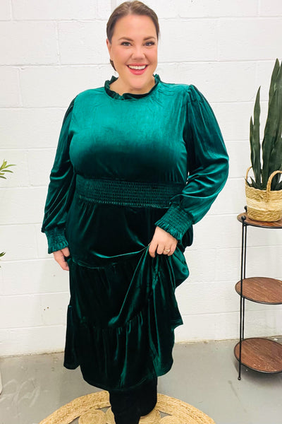 Holiday Dreaming Hunter Green Velvet Mock Neck Smocked Waist Dress - Online Only!