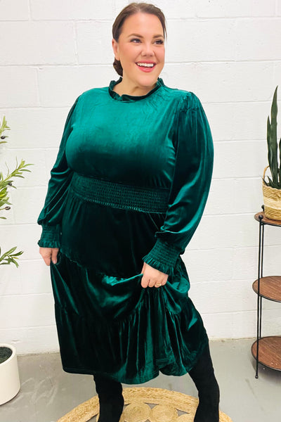 Holiday Dreaming Hunter Green Velvet Mock Neck Smocked Waist Dress - Online Only!