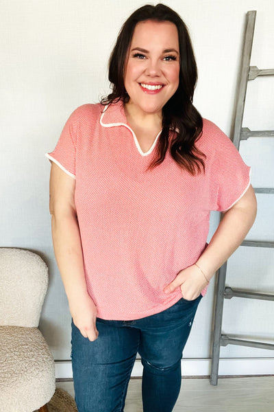 Weekend Ready Coral Collar Notch Neck Waffle Knit Top - Online Only!