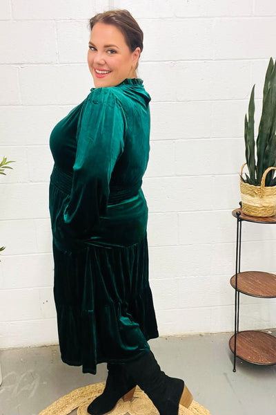 Holiday Dreaming Hunter Green Velvet Mock Neck Smocked Waist Dress - Online Only!