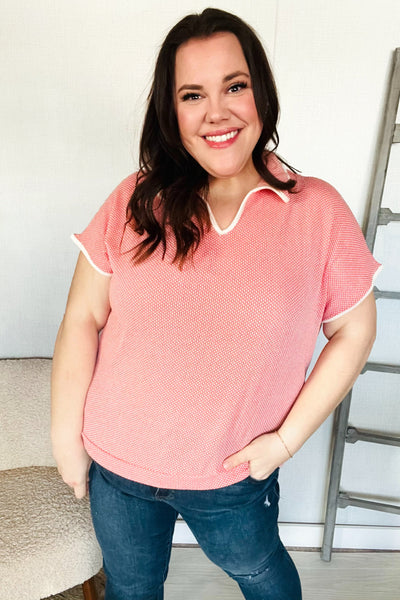 Weekend Ready Coral Collar Notch Neck Waffle Knit Top - Online Only!