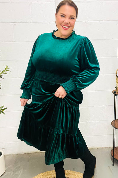 Holiday Dreaming Hunter Green Velvet Mock Neck Smocked Waist Dress - Online Only!