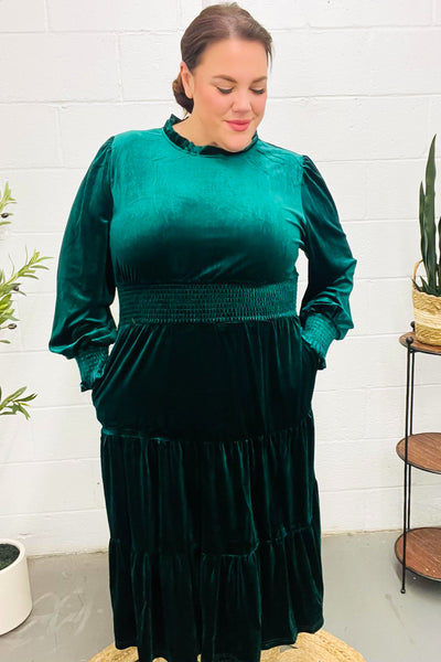 Holiday Dreaming Hunter Green Velvet Mock Neck Smocked Waist Dress - Online Only!