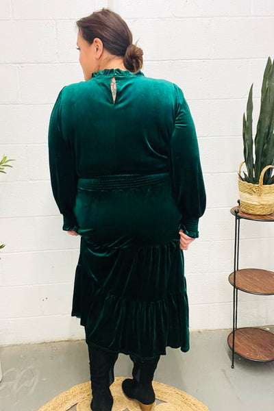 Holiday Dreaming Hunter Green Velvet Mock Neck Smocked Waist Dress - Online Only!
