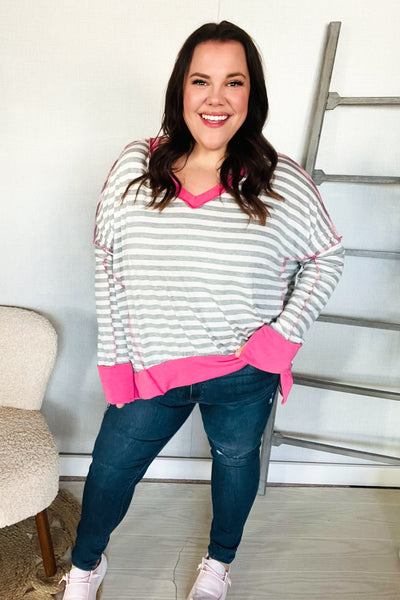 Heather Grey Stripe Hi-Lo Out Seam Stitch Pullover - Online Only!