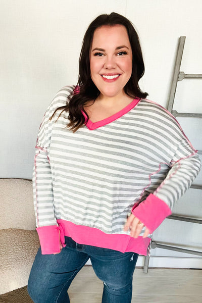 Heather Grey Stripe Hi-Lo Out Seam Stitch Pullover - Online Only!