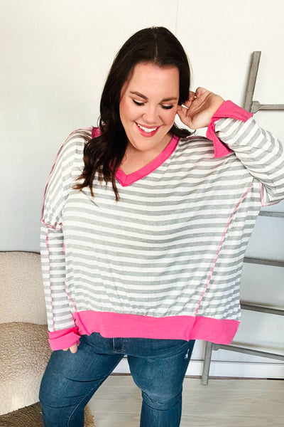 Heather Grey Stripe Hi-Lo Out Seam Stitch Pullover - Online Only!